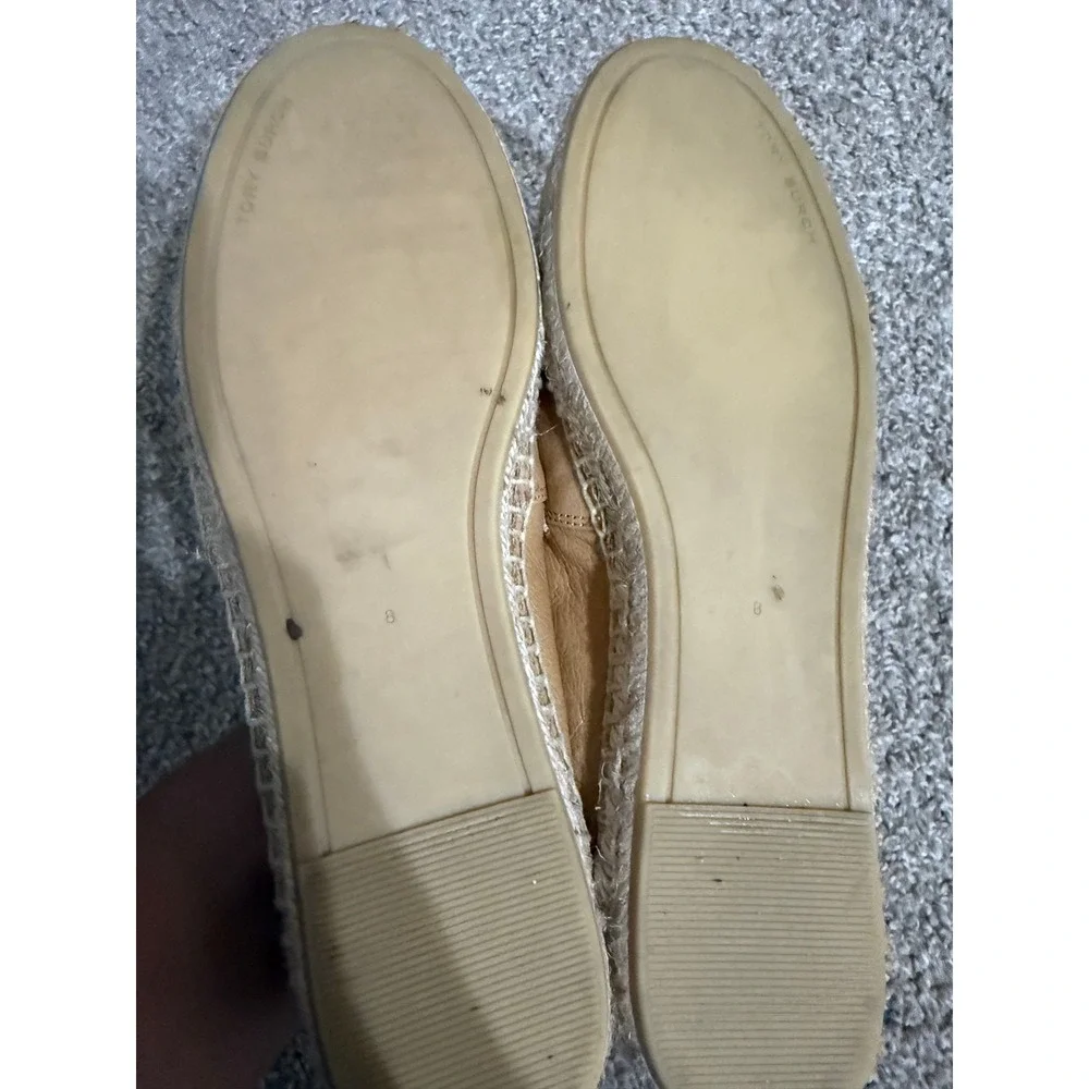 Tory Burch Ines Leather Espadrilles Tan Double T Logo Flats 8M Resortwear